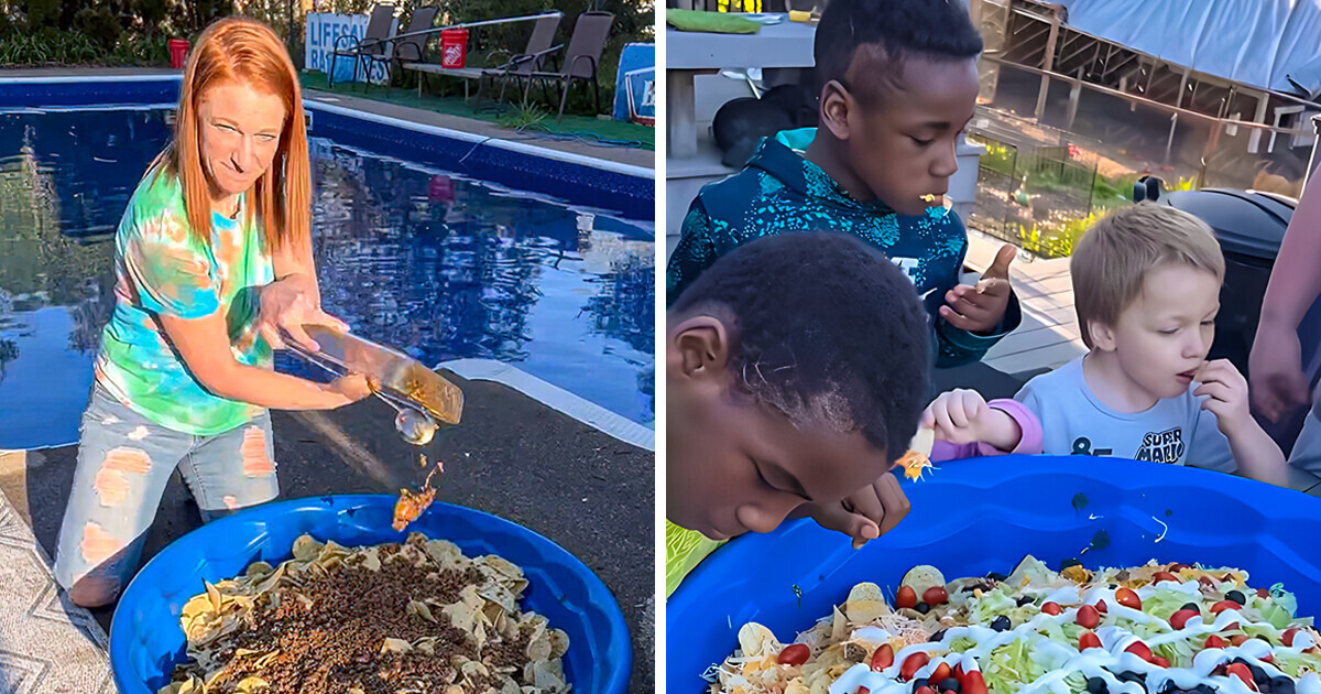 Mãe de 12 filhos enfrenta críticas por usar piscina infantil em vez de pratos para alimentar sua família Mãe de 12 filhos enfrenta críticas por usar piscina infantil em vez de pratos para alimentar sua família