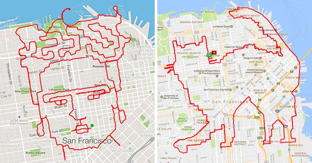 Atleta de San Francisco desenha obras de arte com seus mapas de corrida (quem sabe você ser anime a tirar seus tênis armário)