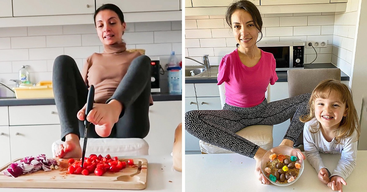 Sem os braços, artista belga desafia limites e aprende a usar os pés para cuidar da filha