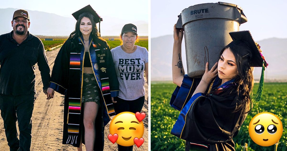 Uma estudante tirou fotos de formatura no campo onde seus pais trabalham, para nos lembrar que o trabalho duro sempre compensa Uma estudante tirou fotos de formatura no campo onde seus pais trabalham, para nos lembrar que o trabalho duro sempre compensa