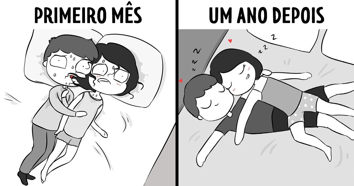 9 Quadrinhos sobre como é um relacionamento durante o primeiro mês e depois de 1 ano