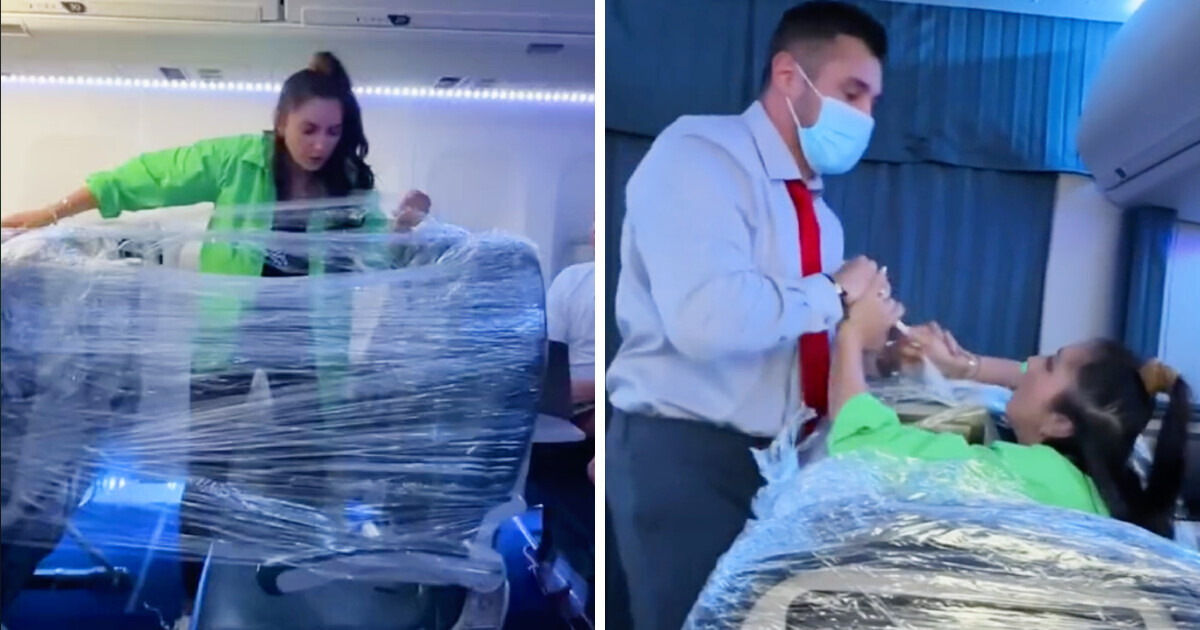 VÍDEO: Passageira isola fileira de assentos no avião com filme plástico, querendo espaço exclusivo em voo