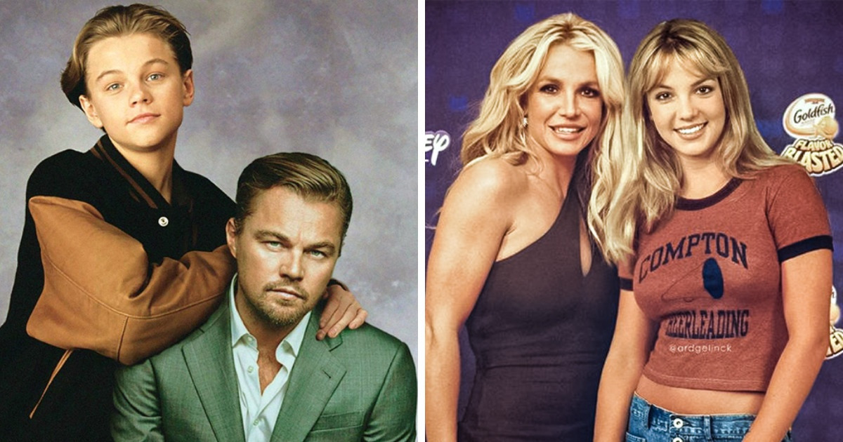 Um artista torna possível a viagem no tempo ao fazer fotos de celebridades ao lado das suas versões mais jovens Um artista torna possível a viagem no tempo ao fazer fotos de celebridades ao lado das suas versões mais jovens