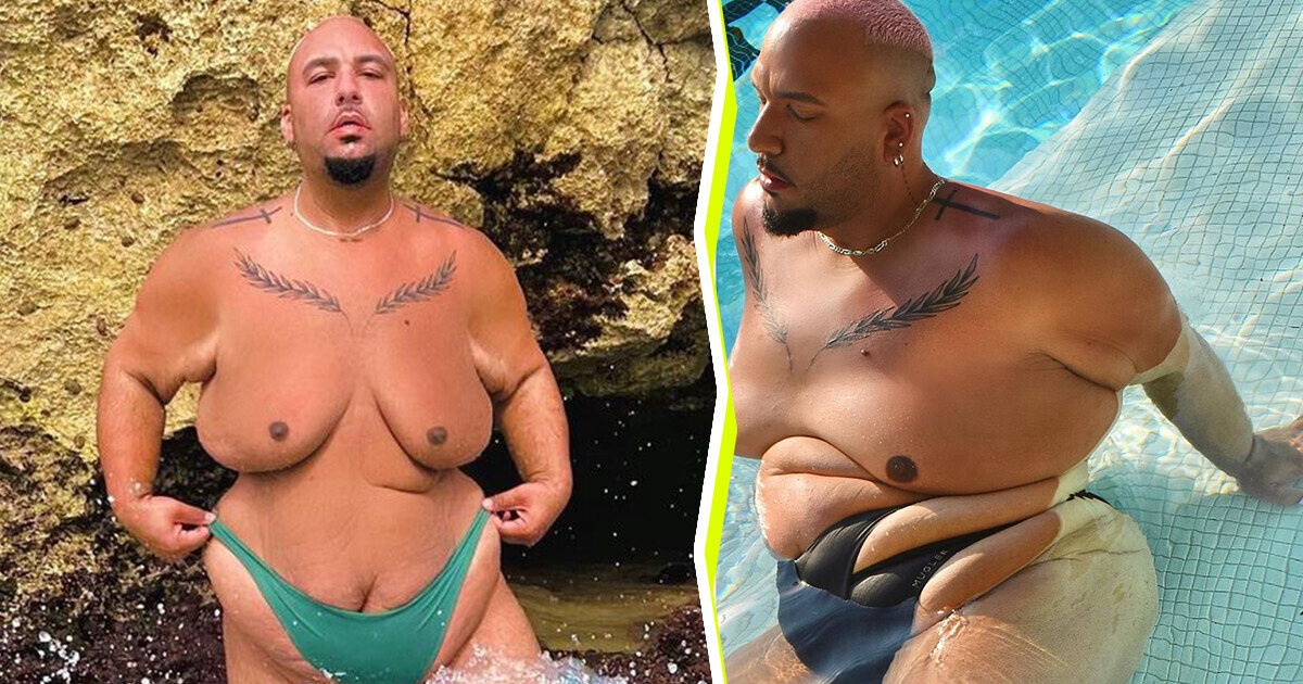 Modelo queer ativista da positividade corporal desafia o estigma em torno de corpos plus size, posando de maiô e biquíni Modelo queer ativista da positividade corporal desafia o estigma em torno de corpos plus size, posando de maiô e biquíni