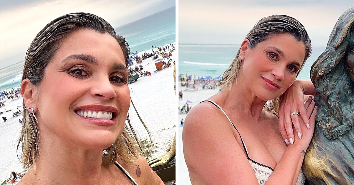 Flávia Alessandra posa ao lado de sua estátua de bronze e choca fãs: “Parece muito!”