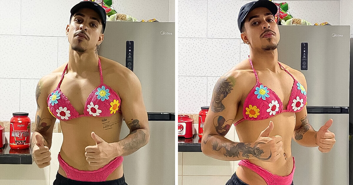 Homem vira sensação na internet ao usar biquíni de crochê para divulgar trabalho da mãe