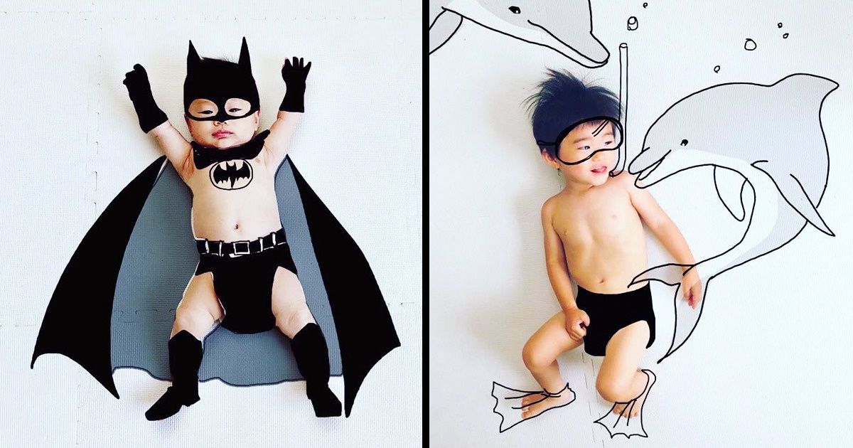 Pai japonês desenha nas fotos de seus filhos e o resultado é adorável