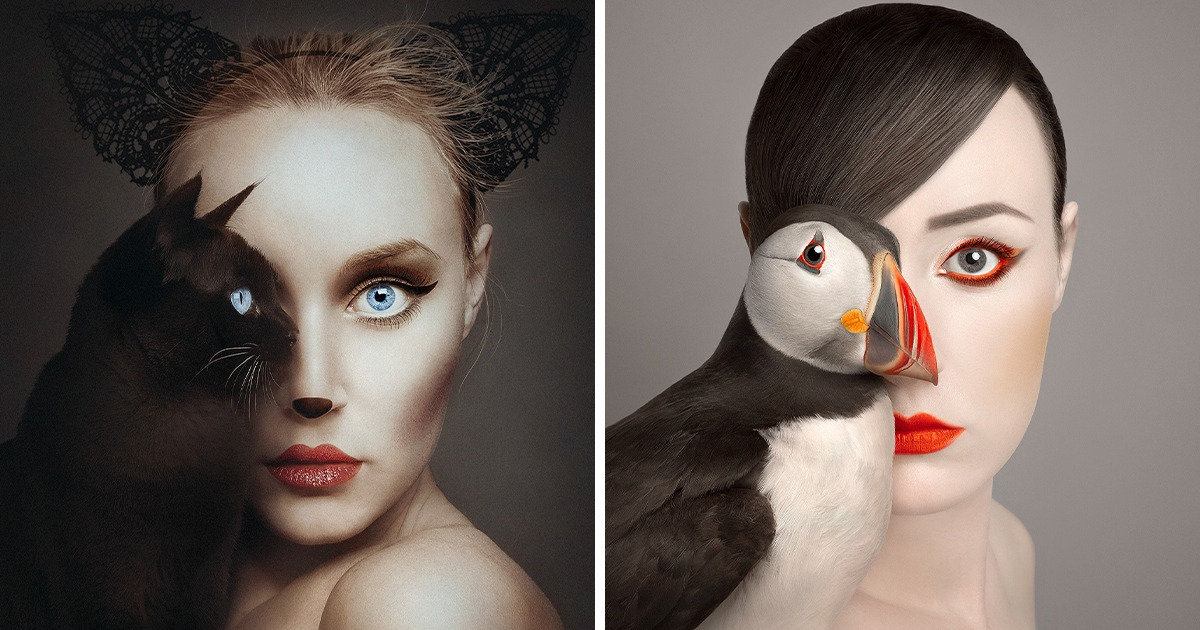 Uma fotógrafa cria retratos de tirar o fôlego misturando rostos humanos com animais Uma fotógrafa cria retratos de tirar o fôlego misturando rostos humanos com animais