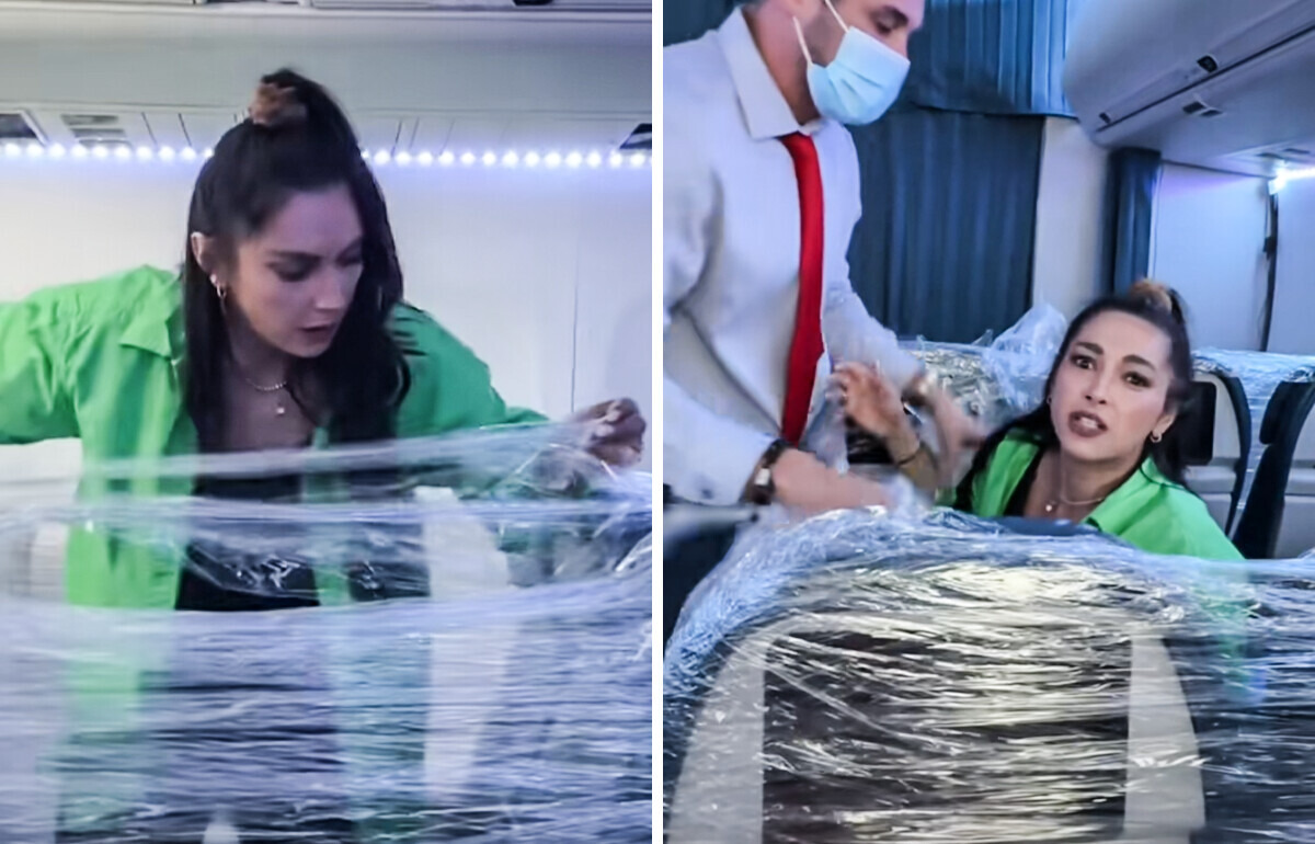 Passageira cerca fileira com plástico filme e tenta criar área VIP no avião
