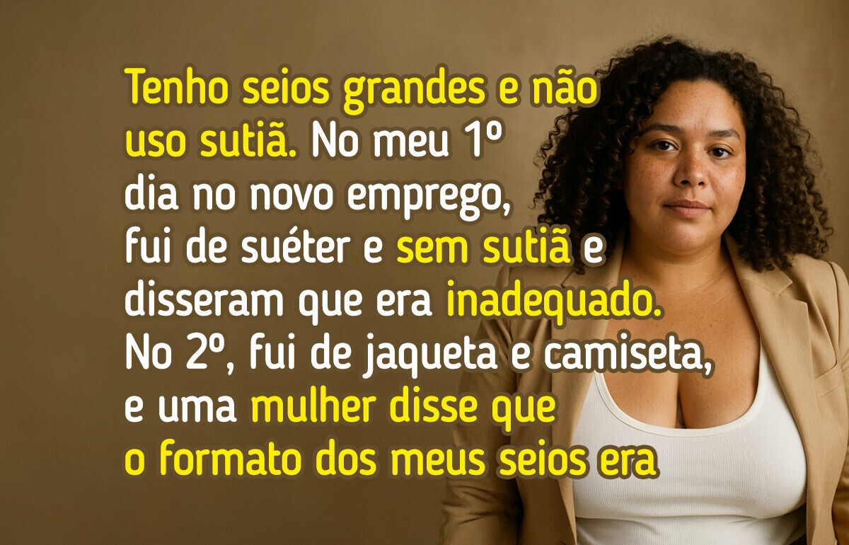 Mulher se recusa a usar sutiã no trabalho e sofre críticas cruéis dos colegas Mulher se recusa a usar sutiã no trabalho e sofre críticas cruéis dos colegas