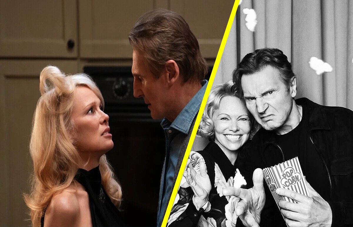 Sintonia entre Liam Neeson e Pamela Anderson fora das câmeras conquista fãs