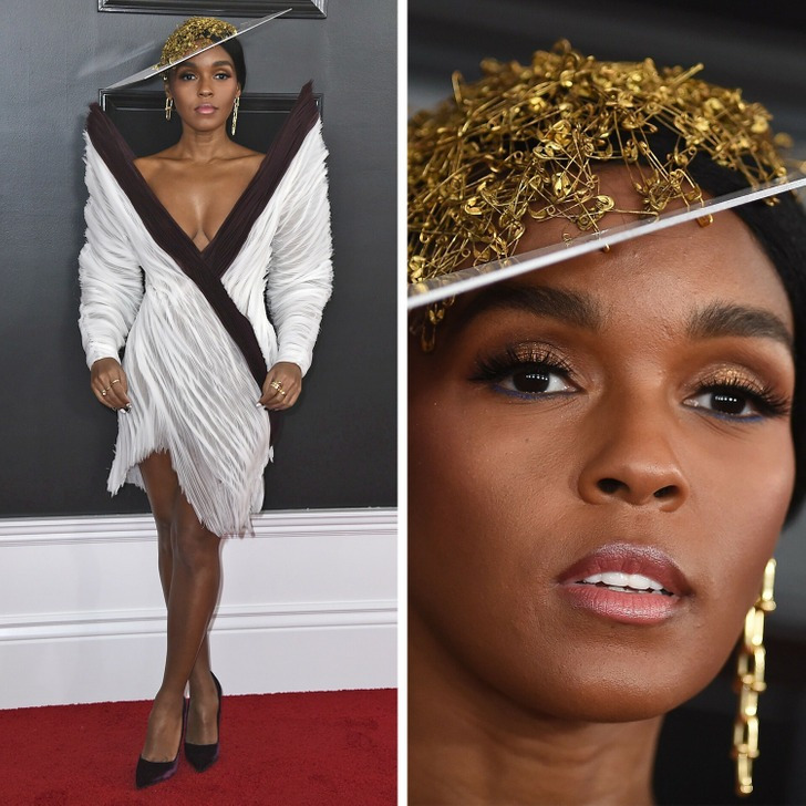 Janelle Monáe comparece à 61ª edição do Grammy com um modelito de arrasar, complementado por um chapéu peculiar