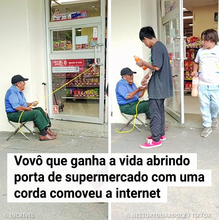 Vovô que ganha a vida abrindo porta de supermercado com uma corda comove as redes