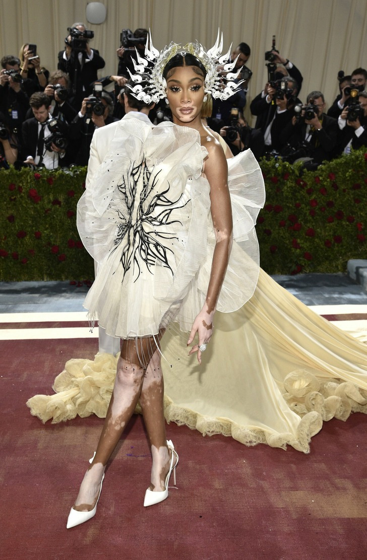Winnie Harlow surpreendeu a todos no Metropolitan Museum of Art's Costume Institute com um vestido impressionante e um acessório de cabeça peculiar