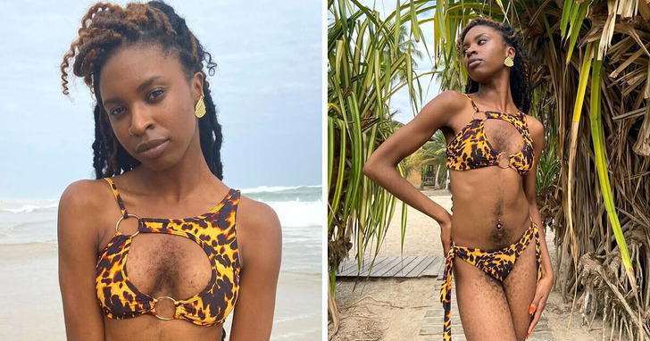 Ela decidiu não raspar os pelos e exibir sua beleza natural na praia