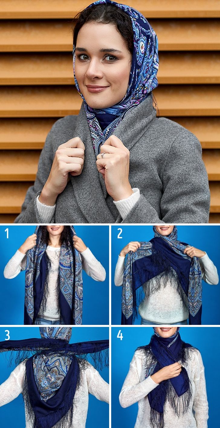 Как завязывать шарф под пальто на голову