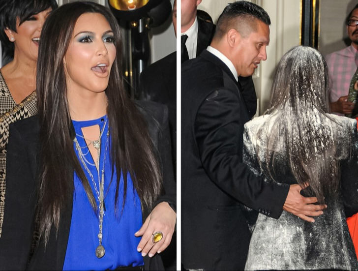 Kim Kardashian foi "bombardeada" com farinha por um ativista, mas retornou após sacudir a poeira