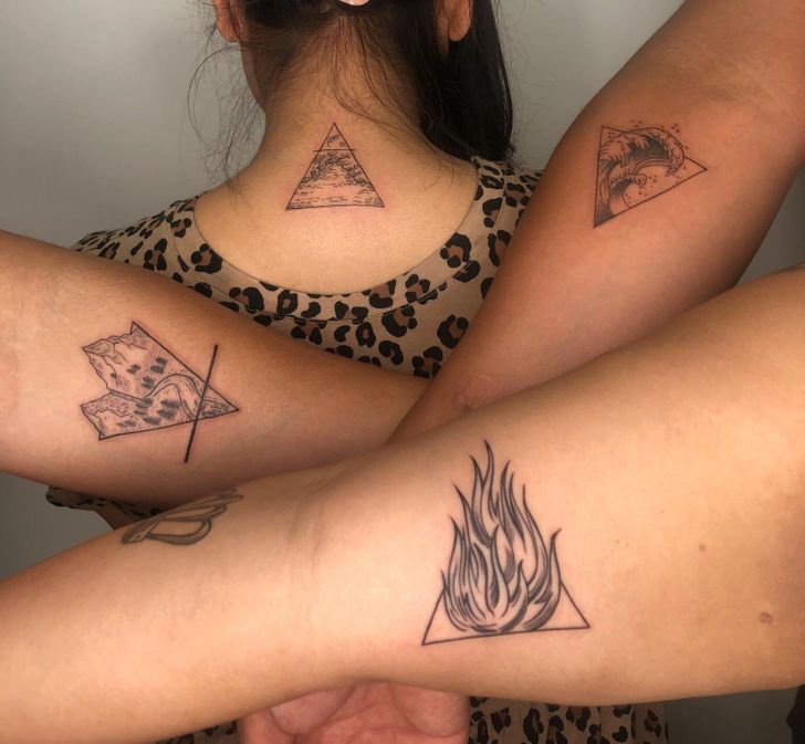 Tatuagens que representam os 4 elementos (Fogo, Água, Terra e Ar)