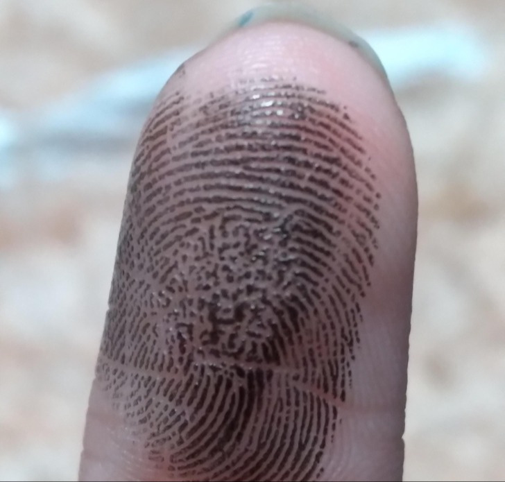  "Minha impressão digital está um pouco bagunçada. Eu desenhei sobre ela para que você possa vê-la melhor"