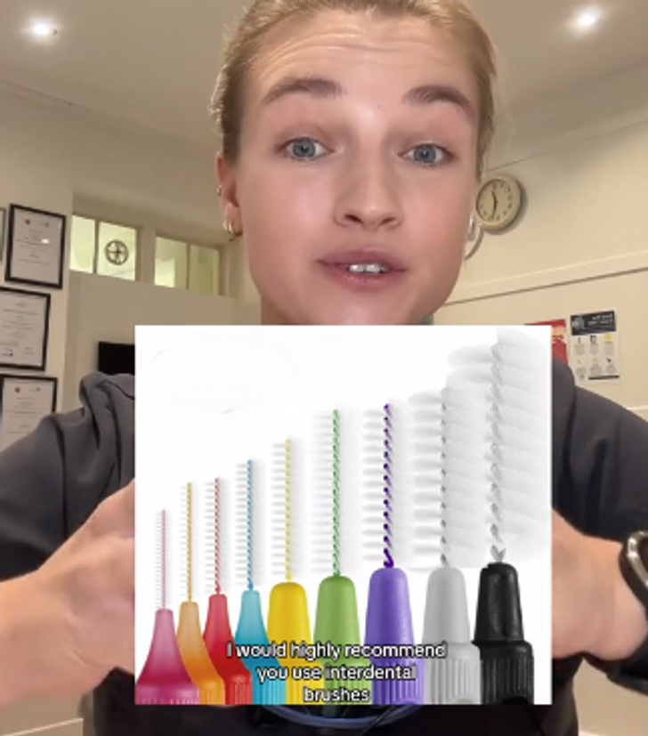 A woman looking at the camera and a photo of interdental brushes layered on it.